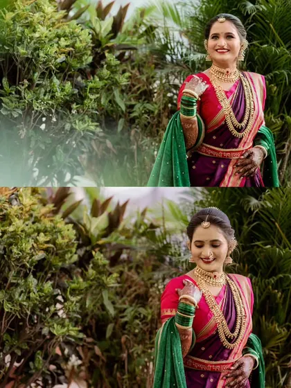A two-panel image showing the bride in a beautiful outdoor setting, capturing both a smiling portrait and a more candid, thoughtful moment.