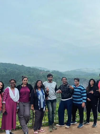 Our group at Jog Falls, a popular attraction on our trips to the Gokarna region.