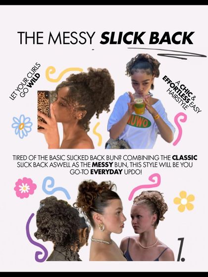 A chic and effortless summer hairstyle idea: the messy slick back. It combines the polish of a classic slicked-back bun with the relaxed vibe of a messy bun, letting your curls go wild.