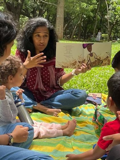 Close-up shots of me reading with genuine joy and expression. My passion is to make every story a memorable adventure for the children.