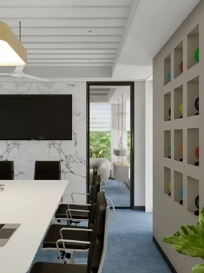 This render for a conference room shows our planning for sightlines and technology integration, with a large screen set against a marble wall and clear glass partitions.