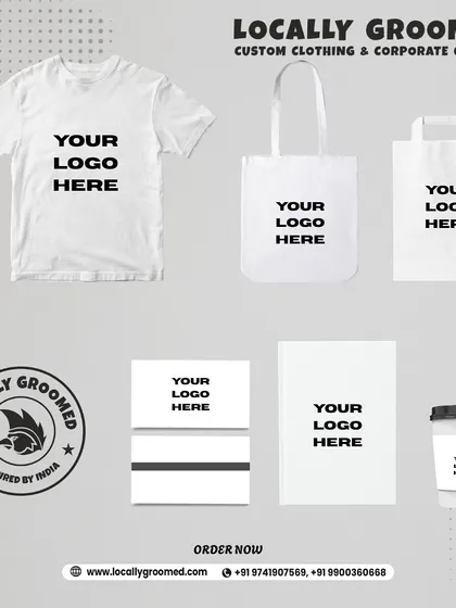 Your logo can go on almost anything. This image shows mockups of a branded t-shirt, tote bags, stationery, and a coffee cup, illustrating the possibilities for your corporate merchandise.