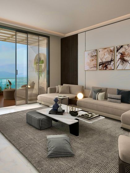 This Chattarpur farmhouse interior is defined by clean lines and a serene atmosphere. Large windows seamlessly connect the indoors with the outdoors, creating a space that feels both expansive and calm.