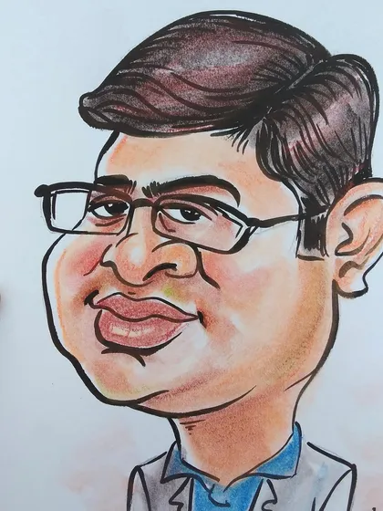 A close-up of a colorful caricature, showing the detail in the shading and line work that brings the character to life.