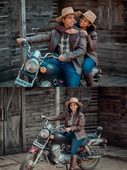 A fun, themed pre-wedding shoot with a retro motorbike. This collage captures the cool and adventurous side of Aditya and Priyanka's relationship.