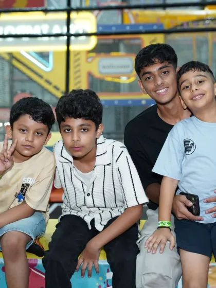 A group of friends posing for a photo in the play zone. Wobble World is the perfect spot for kids and teens to hang out.