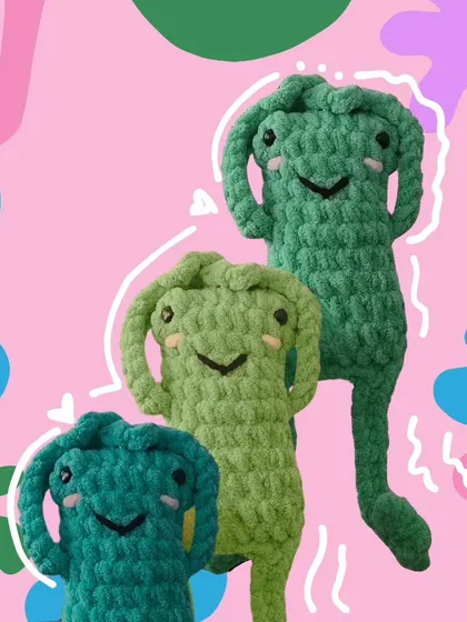 Say hello to my leggy frogs. These quirky and fun handmade toys are a new favorite, each with a happy little smile and long, dangly legs. They are perfect for anyone looking for a playful and unique crochet friend.