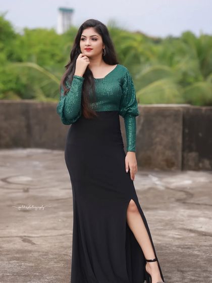 A series of portraits featuring a model in a stylish green sequin and black dress. The combination of outdoor and rustic indoor settings provides a variety of backdrops for this modern look.