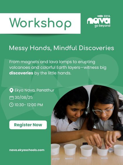 This workshop, 'Messy Hands, Mindful Discoveries,' is all about playful science. Here, two students are deeply engaged in an experiment, learning about scientific principles like magnetism and chemical reactions in a tangible way.