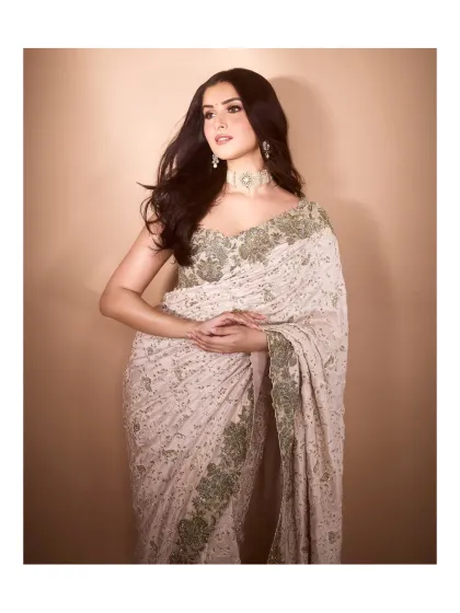Crafted for the spotlight, this stunning saree features delicate threadwork, beads, and metallic detailing. It's a perfect match for new brides, cocktail evenings, or any grand celebration.