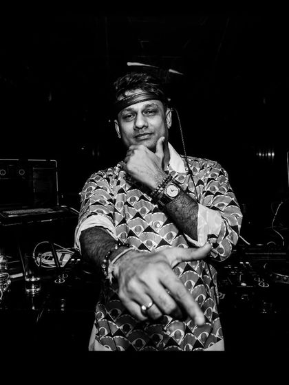 A black and white portrait of me at the DJ booth at Icy, Dubai.