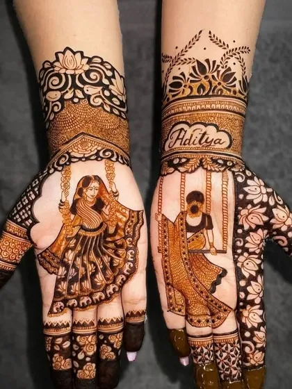 A whimsical design featuring a bride and groom on swings, with the groom's name 'Aditya' elegantly written on the arm.