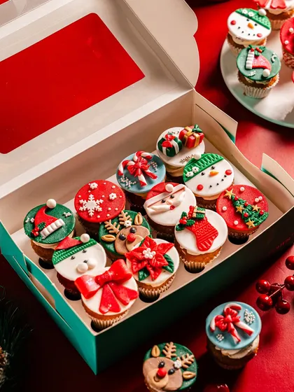 An open box revealing a dozen Christmas-themed mini cupcakes, each a tiny work of art. From snowflakes and bows to Santa hats and reindeer, this collection is designed to bring festive cheer to any gathering.