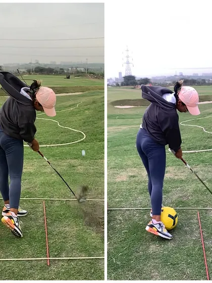Using a football as an external cue to correct pressure shifts and prevent the upper body from tilting back at impact.