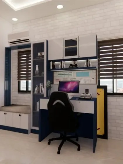 The study area in the chess-themed room, with a brick-patterned wall and a gaming chair.