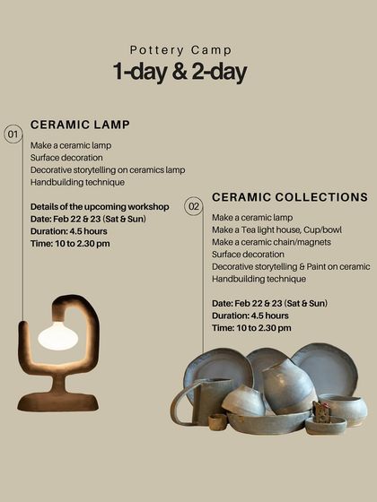 Details of our 1-day and 2-day pottery camps in Chennai. We offer different formats, from focused ceramic lamp sessions to broader collections workshops where you can make a variety of items.
