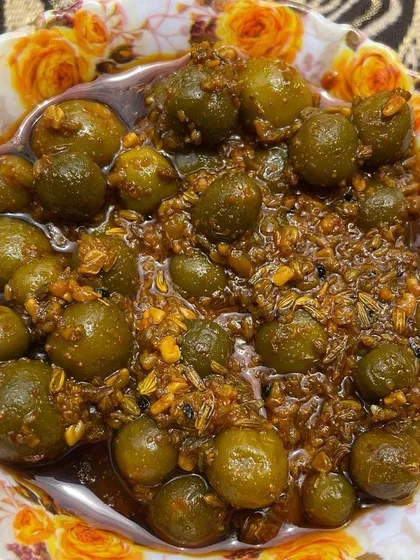 A bowl of the finished Teet (Dhele) pickle. It's a flavour that will transport you back to your grandmother's kitchen.