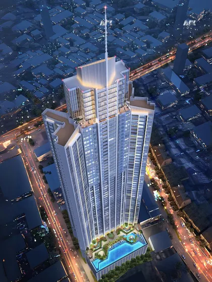 This is an aerial view of One Marina, a 74-storey skyscraper designed to be a landmark on the Mumbai skyline. Every residence in this award-winning tower is crafted for refined luxury, offering panoramic views of the Arabian Sea.