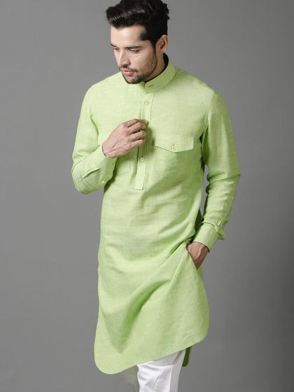 A fresh and vibrant pastel green kurta. The simple design with pocket details makes it a stylish yet practical choice for a casual festive look.
