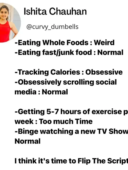 Society's script is backward. It's time to flip it. Eating whole foods should be normal, and obsessively scrolling social media should be weird. Let's prioritize our health.