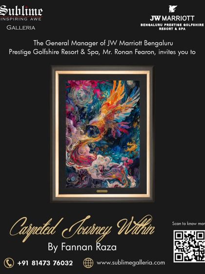 An invitation for 'Carpeted Journey Within', featuring a vibrant phoenix artwork that blends fantasy and textile art.