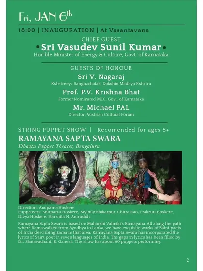 Details for the inauguration of the Dhaatu International Puppet Festival 2023, featuring our show 'Ramayana Sapta Swara'.
