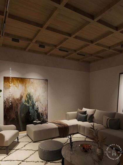 A closer look at our tiltable track lights on a wooden coffered ceiling. This perspective highlights how the fixtures can be angled to wash the walls with light or spotlight specific features, offering a versatile solution for layered lighting schemes.