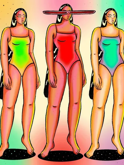 A still from the 'Puffer Army' animation, showing the characters in their summer swimwear.