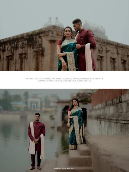 Epic portraits from a Thanjavur pre-wedding shoot, using the temple's architecture and the serene temple pond to create a sense of divine romance.
