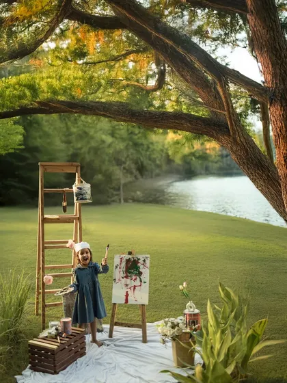 Childhood is a canvas, and every child is an artist painting their own story. For this creative outdoor milestone shoot, we set up an easel by the water, letting her imagination run free. It’s about celebrating her unique spirit in a world built just for her.
