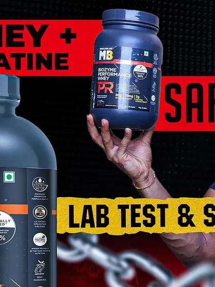 Thumbnail for my lab test and steroid test video on MuscleBlaze Biozyme Whey PR.