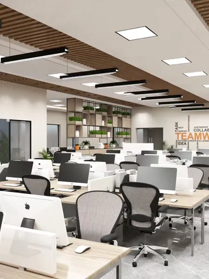 This render of our upcoming Bengaluru project shows an open-plan workspace with motivational wall graphics. The layout is designed to foster teamwork and collaboration, with clear sightlines and organized desk clusters.