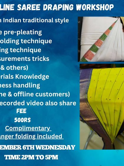 A flyer for a November workshop covering all the essential skills for professional saree draping.