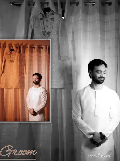A creative collage showing the groom getting ready, with his sherwani hanging in the background, symbolizing the start of the day.