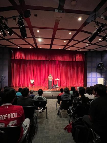 A wide shot of the auditorium at Lincoln School. It was a full house and a very energetic crowd.