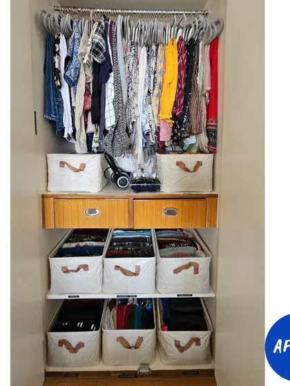 This is the "after" of a complete wardrobe reset. By using uniform bins and maximizing the hanging space, we turned a source of stress into a calm, boutique-like experience. Now, my client can see every item she owns and get ready with ease.