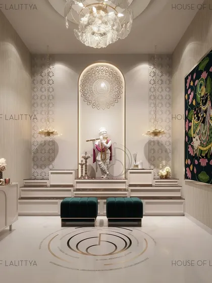 More than a mandir, it’s a feeling. This prayer room is designed as a quiet pulse of devotion within the home, with a custom floor inlay, a serene color palette, and beautiful artwork.