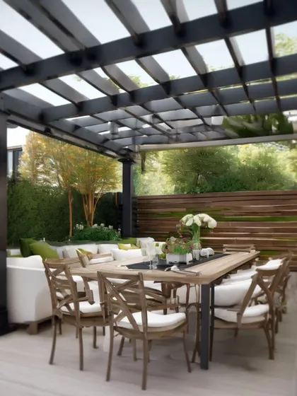 This design concept shows a spacious outdoor dining and lounge area under a large, dark-framed pergola. It illustrates how we can create a perfect setting for entertaining, complete with comfortable seating and lush surrounding greenery.
