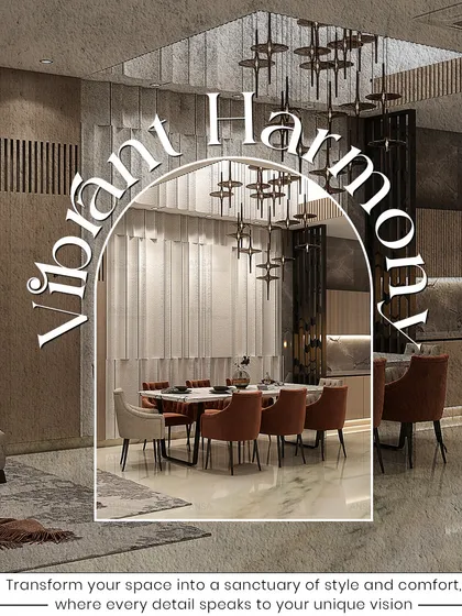 An example of vibrant harmony in a dining space. The warm tones of the chairs and the dramatic chandelier create a welcoming and energetic atmosphere, perfect for lively dinner parties.