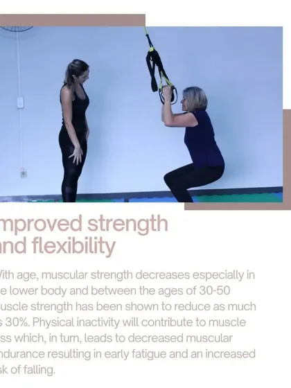 As we age, muscle strength naturally decreases. I focus on exercises like these TRX-assisted squats to safely build strength and flexibility in the lower body, improving endurance and reducing fatigue.