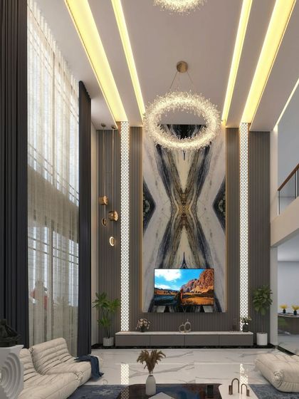 This is the third design option for a grand double-height living hall, featuring a book-matched marble TV unit that extends to the ceiling, creating a dramatic focal point.