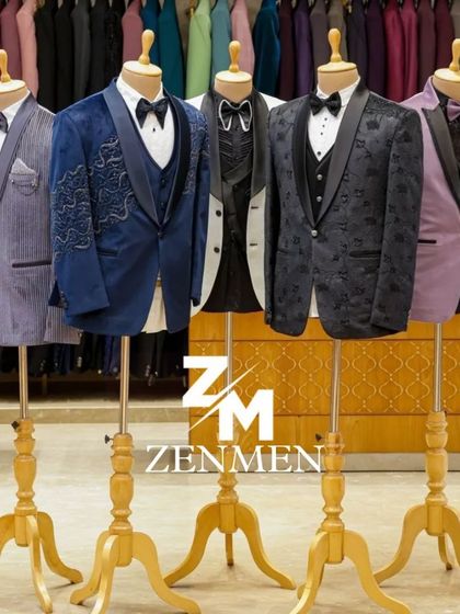 A lineup of five different statement tuxedos, showcasing a variety of colors and styles, from pinstripes and florals to classic white and bold blue.