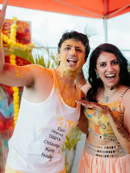 The aftermath of a fun Haldi ceremony. It's all about letting loose and having a great time with your partner and family.