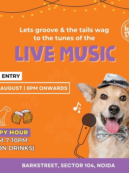 Let's groove and let the tails wag! A fun poster for our Saturday live music event.