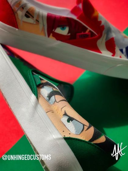 A close-up on the character details of the My Hero Academia custom Vans. The art style is meant to mimic the look and feel of the anime.