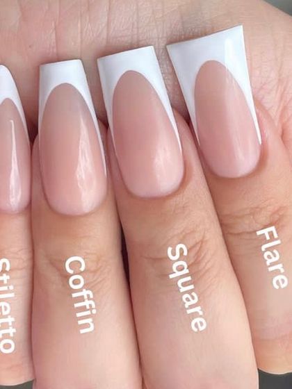Explore different nail shapes with this guide. Here we showcase the dramatic Stiletto, the trendy Coffin, the classic Square, and the unique Flare shape.