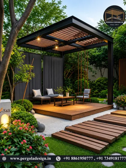 A tranquil garden seating area defined by a modern pergola. Set on a raised wooden platform and surrounded by lush planting, this design creates a private and peaceful corner for reading or quiet conversation.