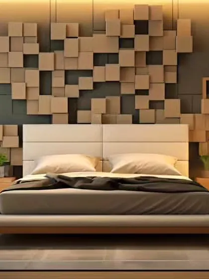 This bedroom showcases a unique 3D wooden block art installation as a headboard. The platform bed and minimalist furniture create a modern, artistic, and uncluttered environment.