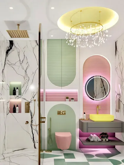 A playful and colorful kids' bathroom concept. The design uses a pastel palette of pink and green, with geometric floor tiles and arched shapes to create a fun, whimsical space.