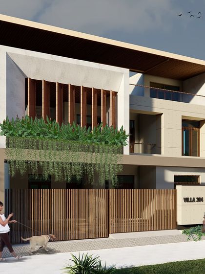 This facade design for a villa in JP Nagar uses vertical wooden louvers and integrated planters to create a modern and warm aesthetic. The design plays with volumes and textures, with a simple wooden gate continuing the material palette.